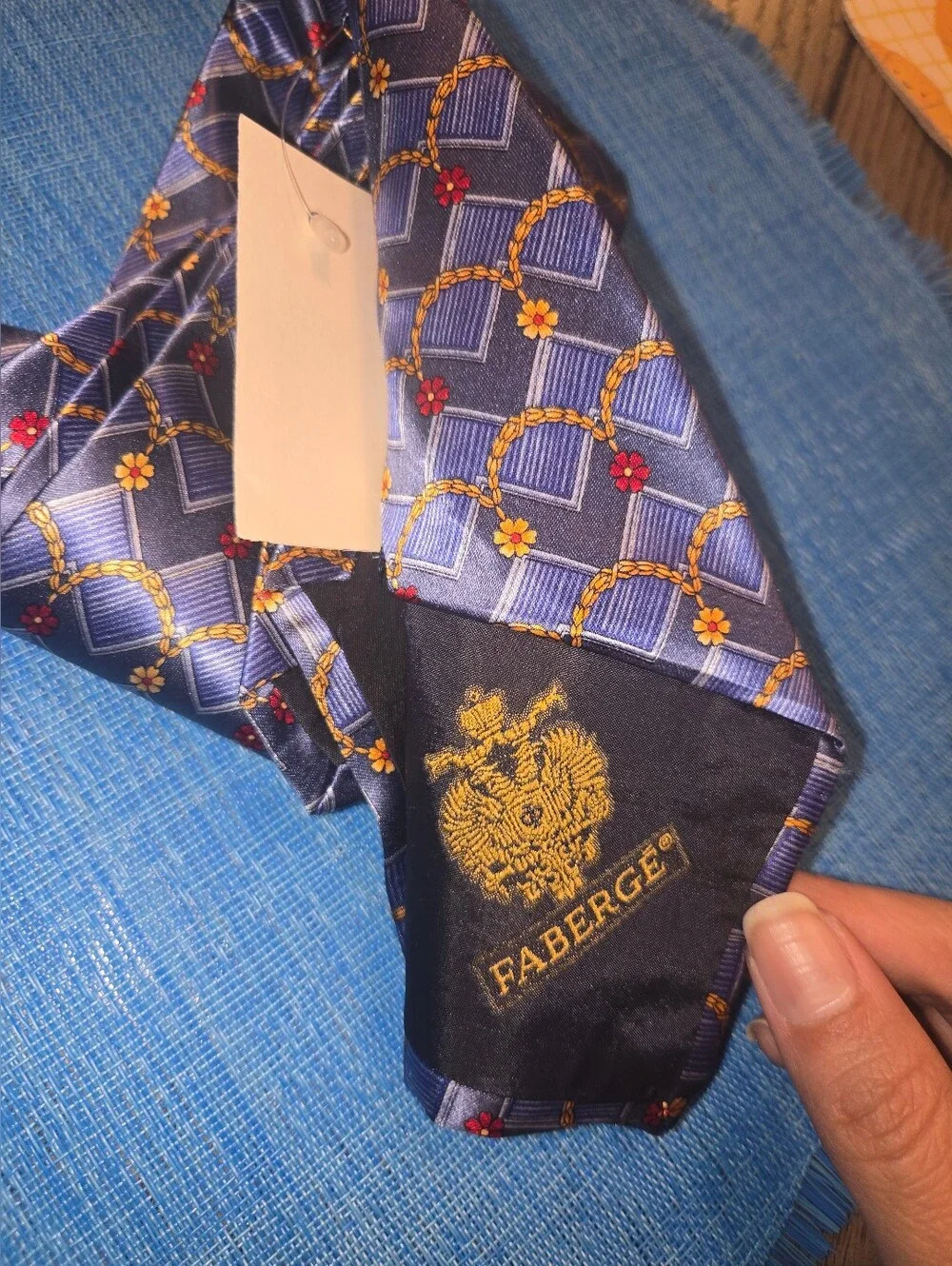 NWT Faberge Men's Blue Patterned Silk Tie with Floral Accents
